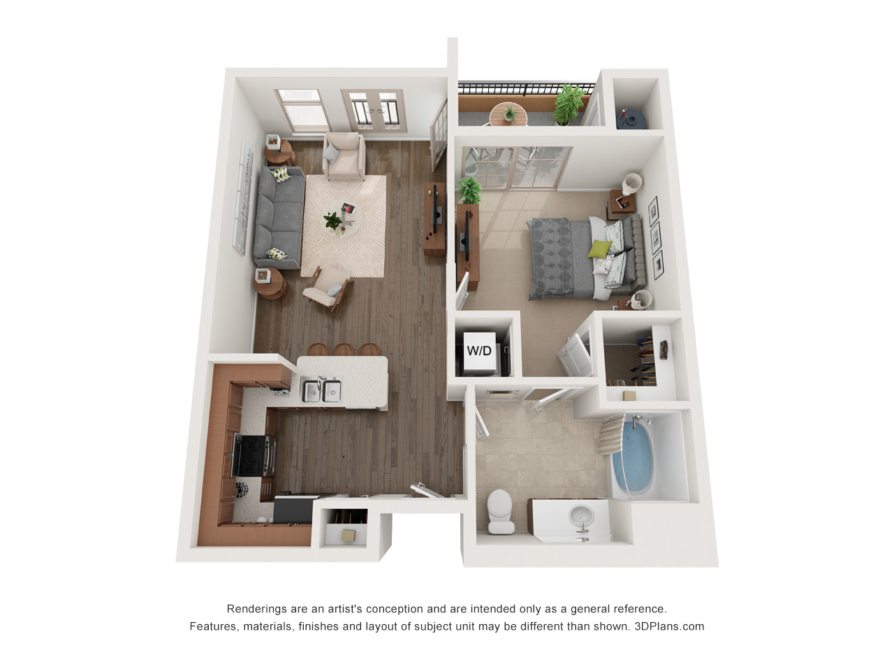 Floor plan for 1 bed, 1 bath, 666 sqft